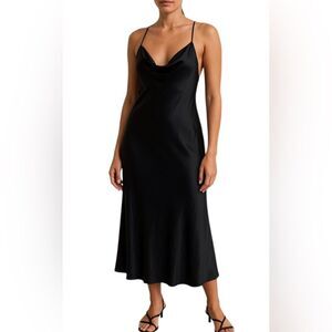 H & M Divided Elegant Black Satin Slip Dress. Draped Neck, Open Back. Size Small